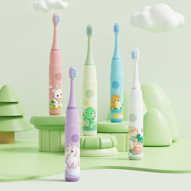 Electric Toothbrush for Kids (green) Ages 3-12  Includes 5 Replacement Brush Heads & Tooth Brushing Chart  Gentle Cleaning with Soft Bristles, 2-Minute Timer, Fun Habit Tracker  Perfect for Boys & Girls