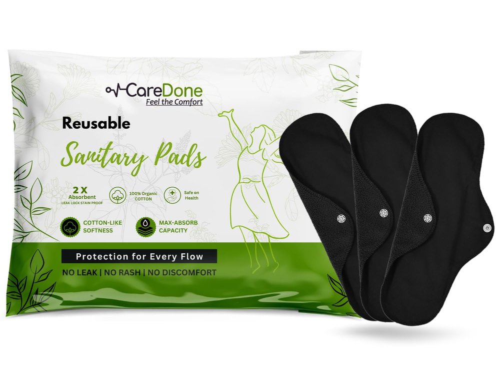 CareDone Super Comfy Heavy Flow Pad - Extra large| |Reusable Sanitary Cloth Pad | Organic Cotton| with leak proof | lasts upto 75-100 washes. (Black Cloth Pad- Pack 3)