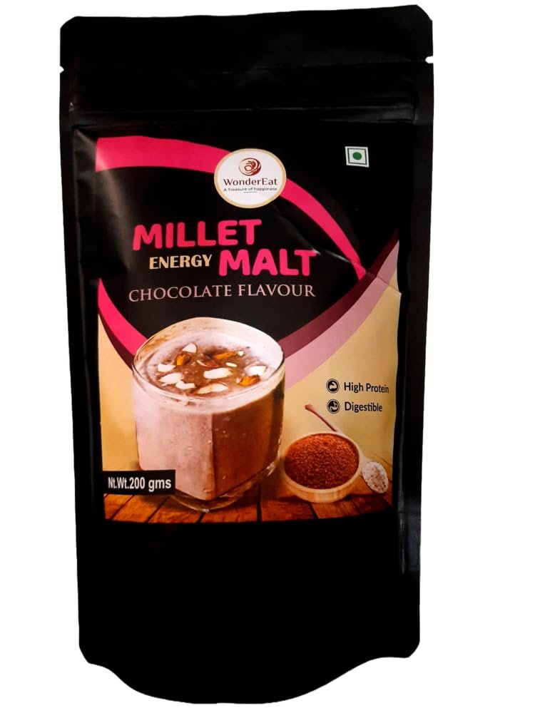 WONDER EAT MILLET ENERGY MALT CHOCOLATE FLOUR SPROUTRED RAGI - BADAM-BARLEY MALT- MIX MILLET-SUGAR-ASHWAGANDHA & MORINGA 200GMS (PACK OF 4)