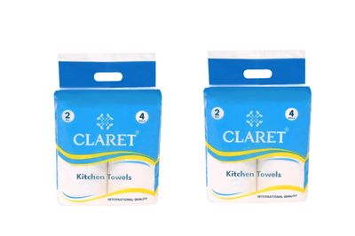 Claret 2-Ply Kitchen Towel Roll, 60 Sheets per Roll (4 Rolls), Soft, Absorbent Tissue for Cleaning, Kitchen Hygiene, Wiping & Safety, Pack of 2 Durable, Hygienic & Highly Absorbent.