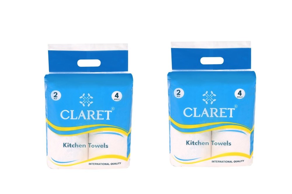 Claret 2-Ply Kitchen Towel Roll, 60 Sheets per Roll (4 Rolls), Soft, Absorbent Tissue for Cleaning, Kitchen Hygiene, Wiping & Safety, Pack of 2 Durable, Hygienic & Highly Absorbent.