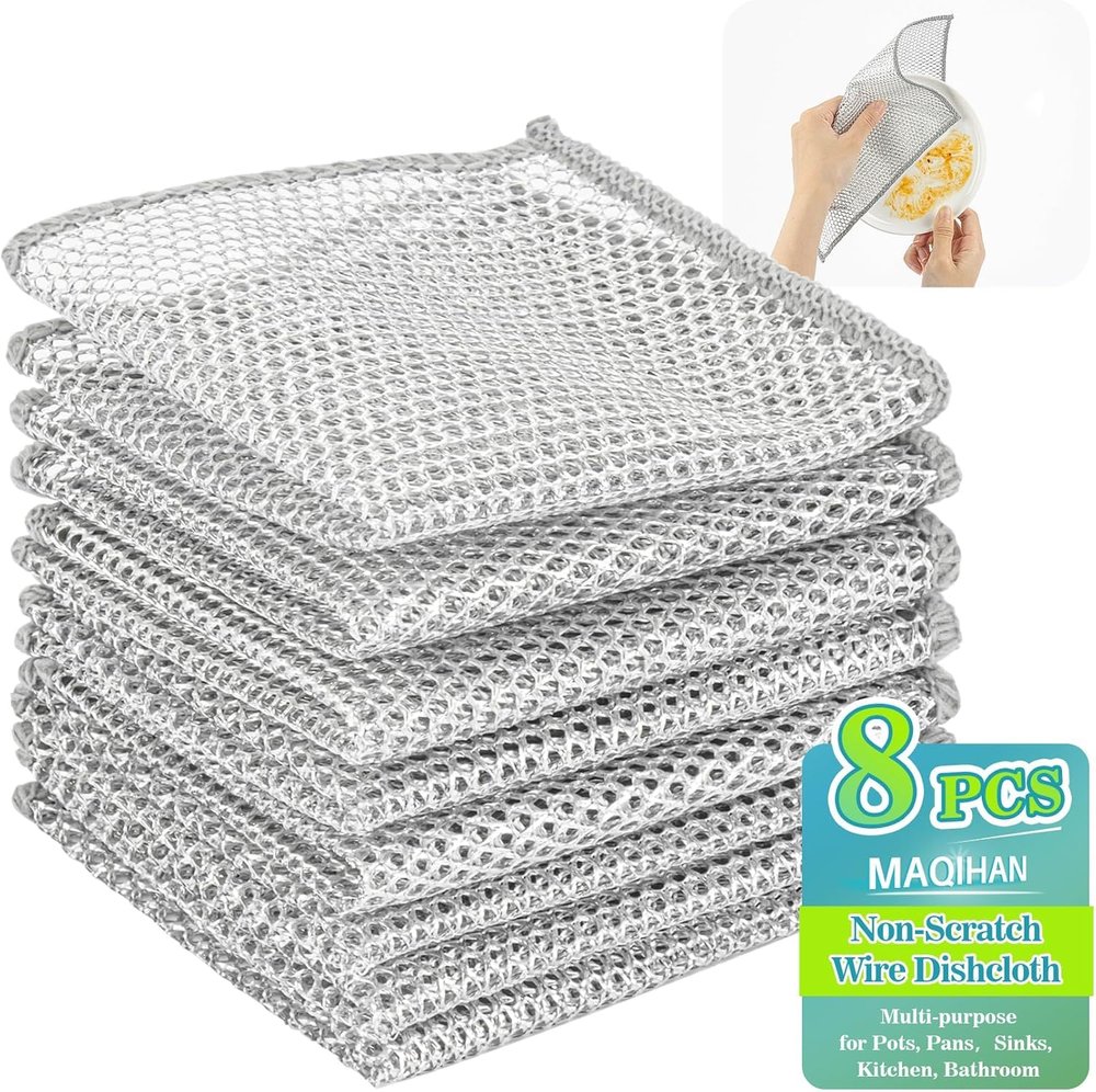Baystore 8 Pcs Multipurpose Non-Scratch Wire Dishwashing Rags for Wet and Dry for Kitchen Bathroom Household Cleaning Wire for Dish, Pot, Sink, Oven, Grill | Stainless Steel Wire Dishcloth