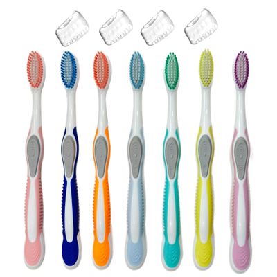 ALAZCO Value Set of 7 Medium Bristles Toothbrush Comfort Hold Soft Silicone Non-Slip & Ergonomic Comes with 4 Toothbrush Ventilated Covers Easy Storage & Travel BPA- Free