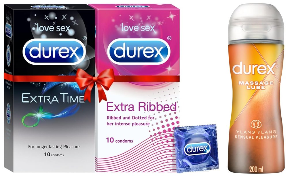 Durex Multi-pack Condoms for Men (Extra Ribbed, Extra Time) - 10 count (Pack of 2) |Ribbed and Dotted for Extra Stimulation,Durex Lube- Water Based Lubricant