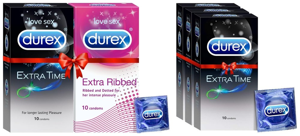 Durex Multi-pack Condoms for Men (Extra Ribbed, Extra Time) - 10 count (Pack of 2)|Ribbed and Dotted for Extra Stimulation,Durex Extra Time Condoms for Men - 10 Count (Pack of 3)