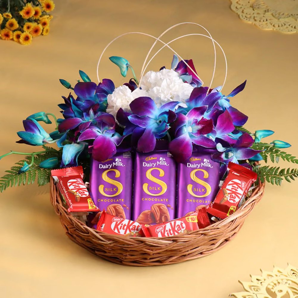 FlowerAura Premium Gift Hamper of Fresh Live 2 Carnation, 3 Blue Flowers & 7 Chocolates In Box Gift For Birthday | Anniversary | Love | Girlfriend's Day | Mothers Day Gift For Mom (Same Day Delivery)