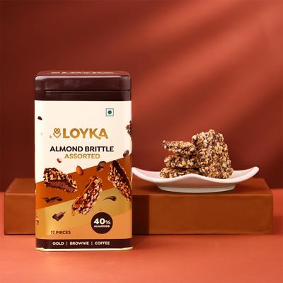 Loyka Almond Brittle Assorted - 17 pcs Reusable Tin Gift Box |Premium Chocolate Gift Hamper | Choco & Nut Dryfruit Delicacy | Roasted California Almonds (40%), Dark Choco & Salted Caramel