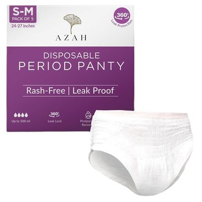 Azah Period Panty for Girls [S-M, Pack of 5] | Leak Proof & Rash Free | Disposable Period Panty for Women Heavy Flow | 12 Hrs Protection | Super Absorbent 360 Coverage | All Night Protection
