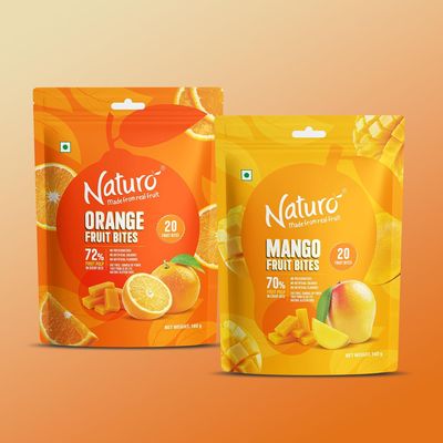 Naturo Fruit Bites Combo Pack 20 Mango & 20 Orange Mini Bites | Fruity Snack Pouches |Pocket-Sized Treats