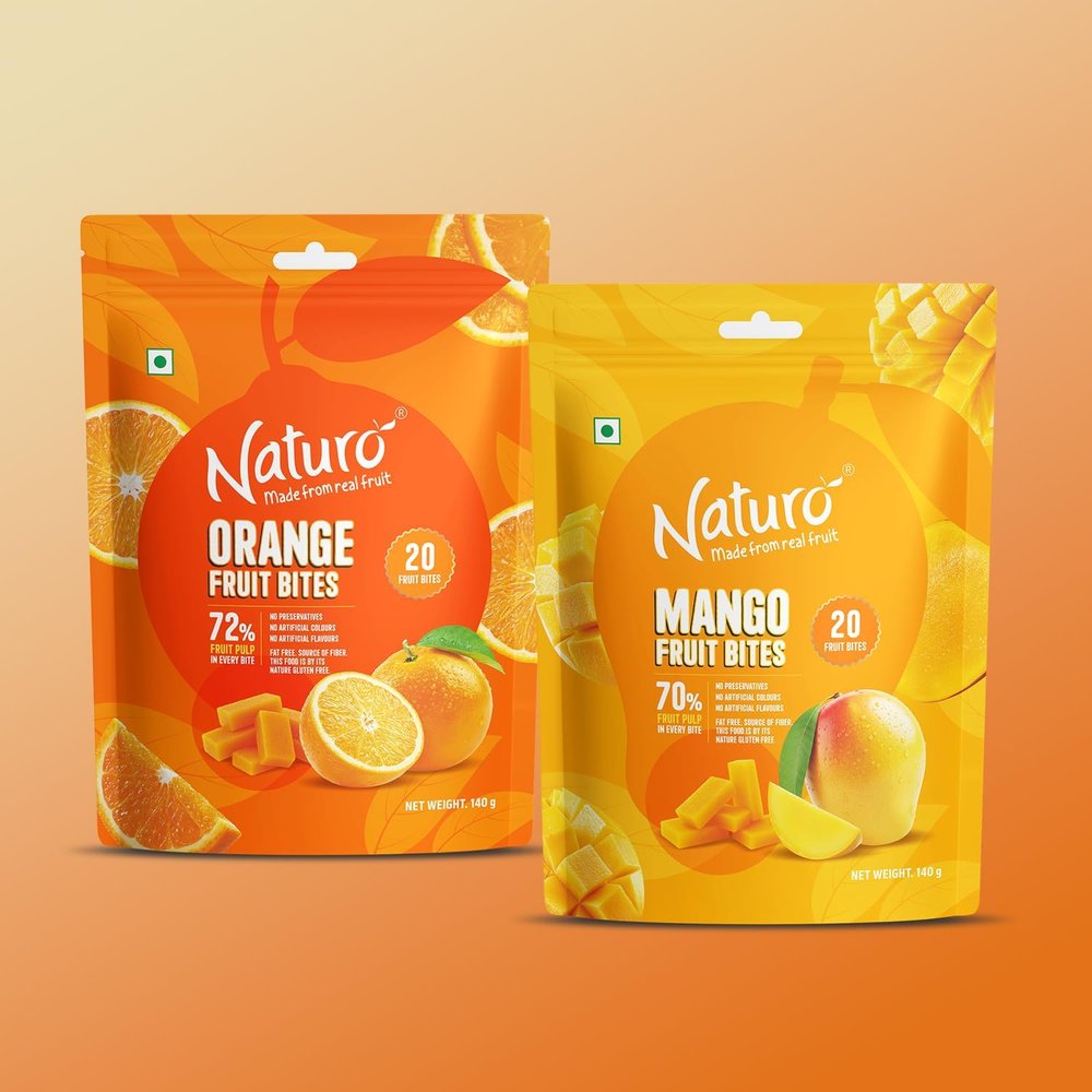 Naturo Fruit Bites Combo Pack  20 Mango & 20 Orange Mini Bites | Fruity Snack Pouches |Pocket-Sized Treats