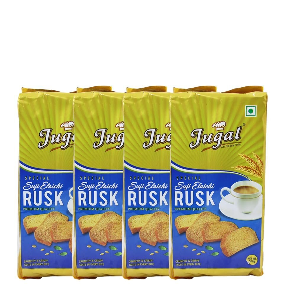 Jugal Bakers Suji Elaichi Rusks (Pack of 4, 500gm Each) Sooji Cardamom Rusk Bisuits, Handmade Tea Toasts, Healthy Evening Snacks, Ready to Eat Breakfast, Digestive Biscuits/Cookies