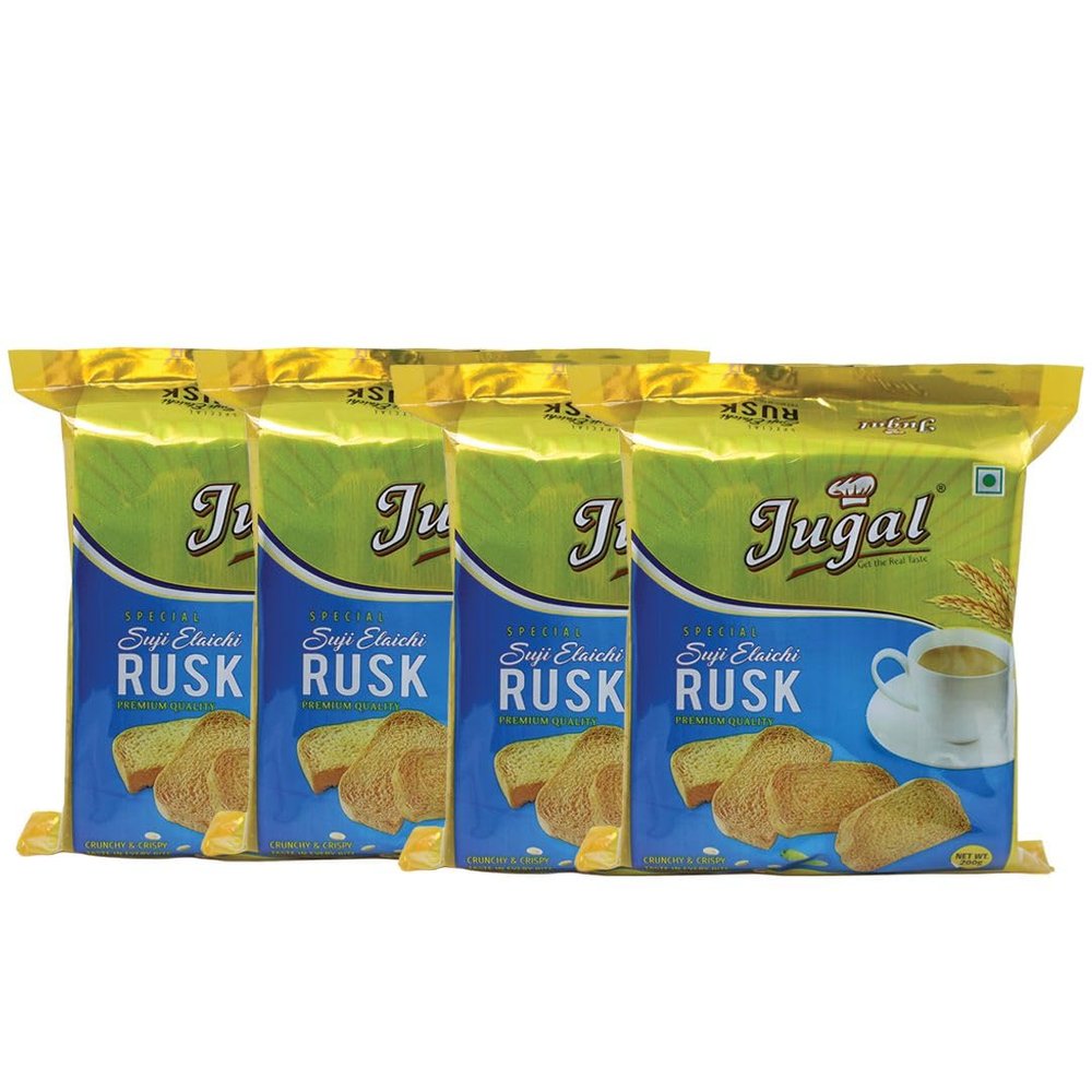 Jugal Bakers Suji Elaichi Rusks (Pack of 4, 200gm Each) Crunchy Elaichi Digestive Biscuits, Handmade Sooji Toasts, Healthy Tea Time Snacks, Cardamom Rusk Biscuit