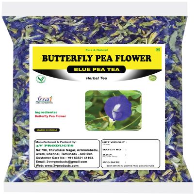 3V PRODUCTS Butterfly Pea Flower 100Gm | Delicate Natural Herbal Tea | Caffeine Free | Natural Food Colorant, Makes Natural Purple Iced Tea, Cooler, Cocktails | Dried Whole Leaf Butterfly Pea Flowers