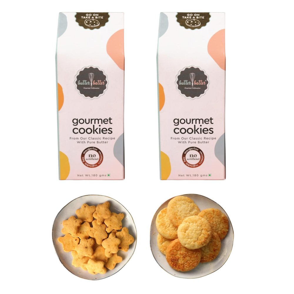 Butter Batter Gourmet Premium Cookies Combo Pack of Ajwain & Coconut Cookies | 100% Eggless, Pure Butter, No Margarine and No Preservatives Biscuits Perfect for snacking dessert or gifting | Pack of 2 180g Each