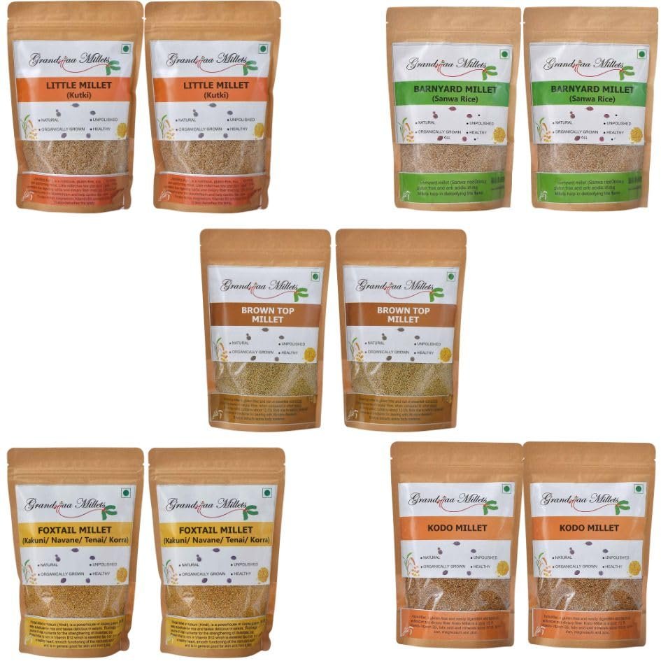 5Kg Combo Pack of 5 Unpolished Millets, Browntop 1kg, Foxtail 1kg, Barnyard 1kg, Little 1kg, Kodo 1kg (Pack of 10)(Each 500g)
