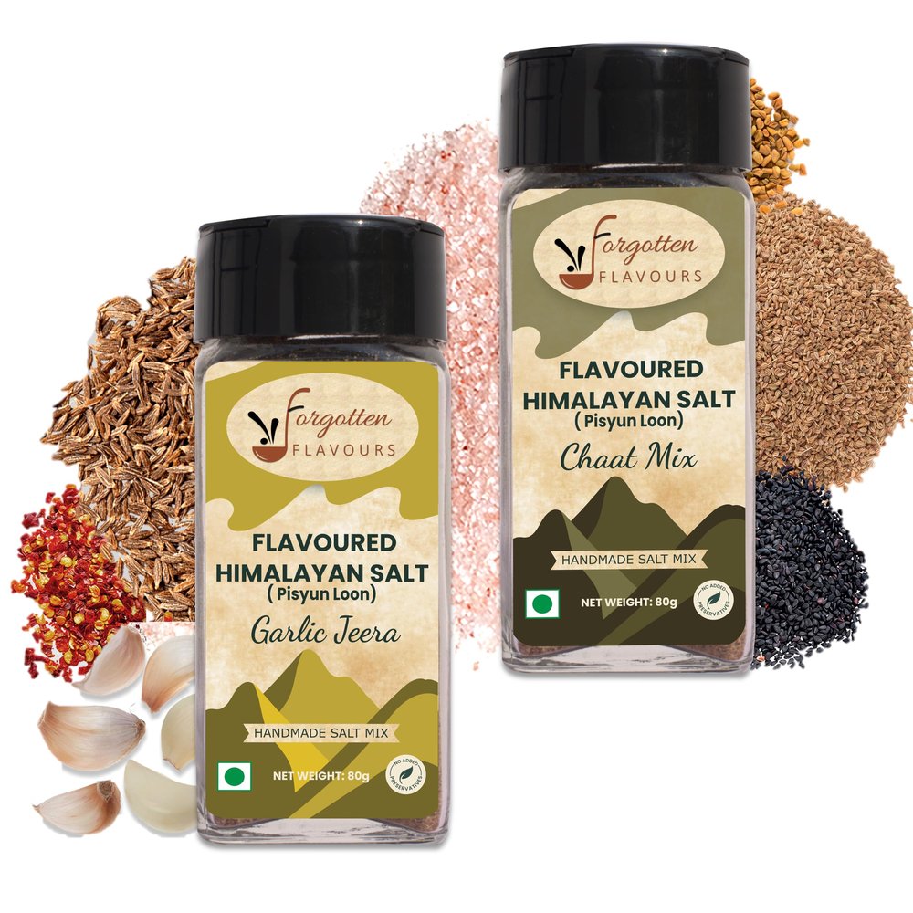 Forgotten Flavours - Pahadi Salt Mix | Combo Pack of 2 | Garlic Jeera & Chaat Mix | 2 x 80 gms | Seasoning Salt Mix | Himalayan Mixed Salts | Salad Seasoning | Pahadi Namak | Pisyun Loon | Snacks & Buttermilk masala | Handmade on Silbatta | No Preser