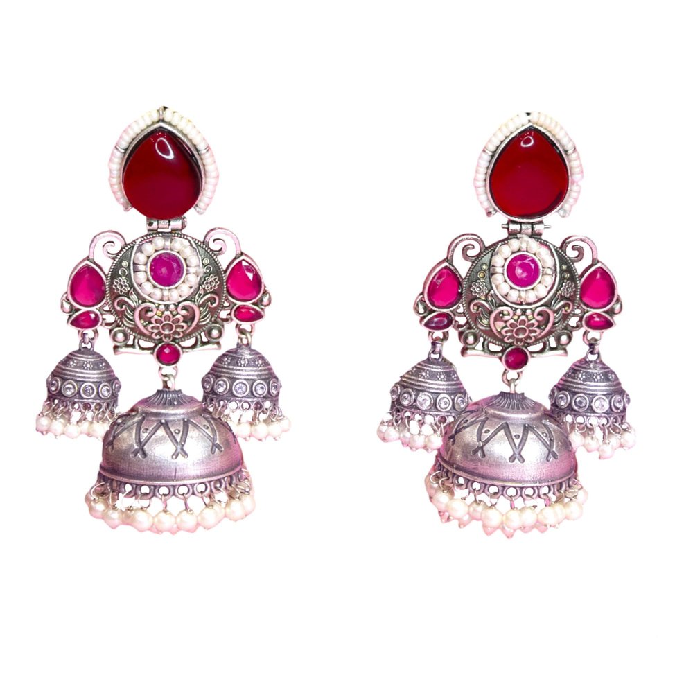 Silver Dome Pink Drop Jhumka (Ruby Red)