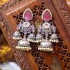 Silver Dome Pink Drop Jhumka (Ruby Red) view 3