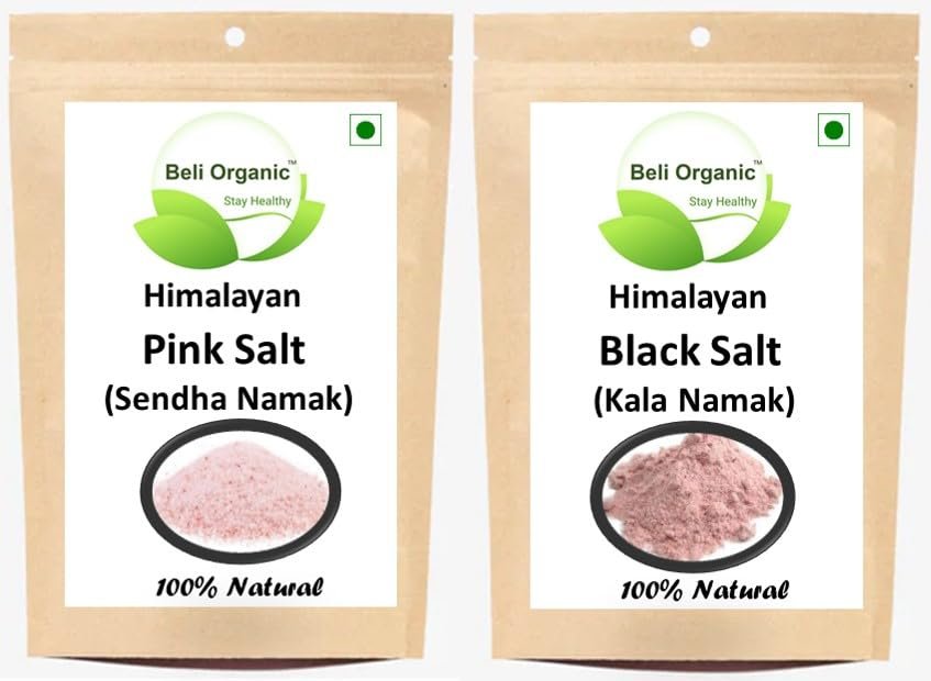 Beli Organic 100% Natural Himalayan Pink Salt + Black Salt | Sendha Namak + Kala Namak | Rock Salt + Black Salt combo pack of 1 each (2 * 450 gm) for Cooking, Seasoning & Flavoring