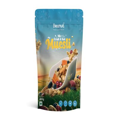Beanut Muesli Mix Fruit & Nuts - 400gm, Power Breakfast, Protein Snack, High Fiber Food, Multigrain Breakfast Cereal