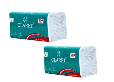 CLARET Polypack Facial Tissues, 2-Ply Super Soft, 500 Sheets (250 Pulls per Pack) Multipurpose Dry Tissues for Home, Office, Travel & Daily Use, Pack of 2
