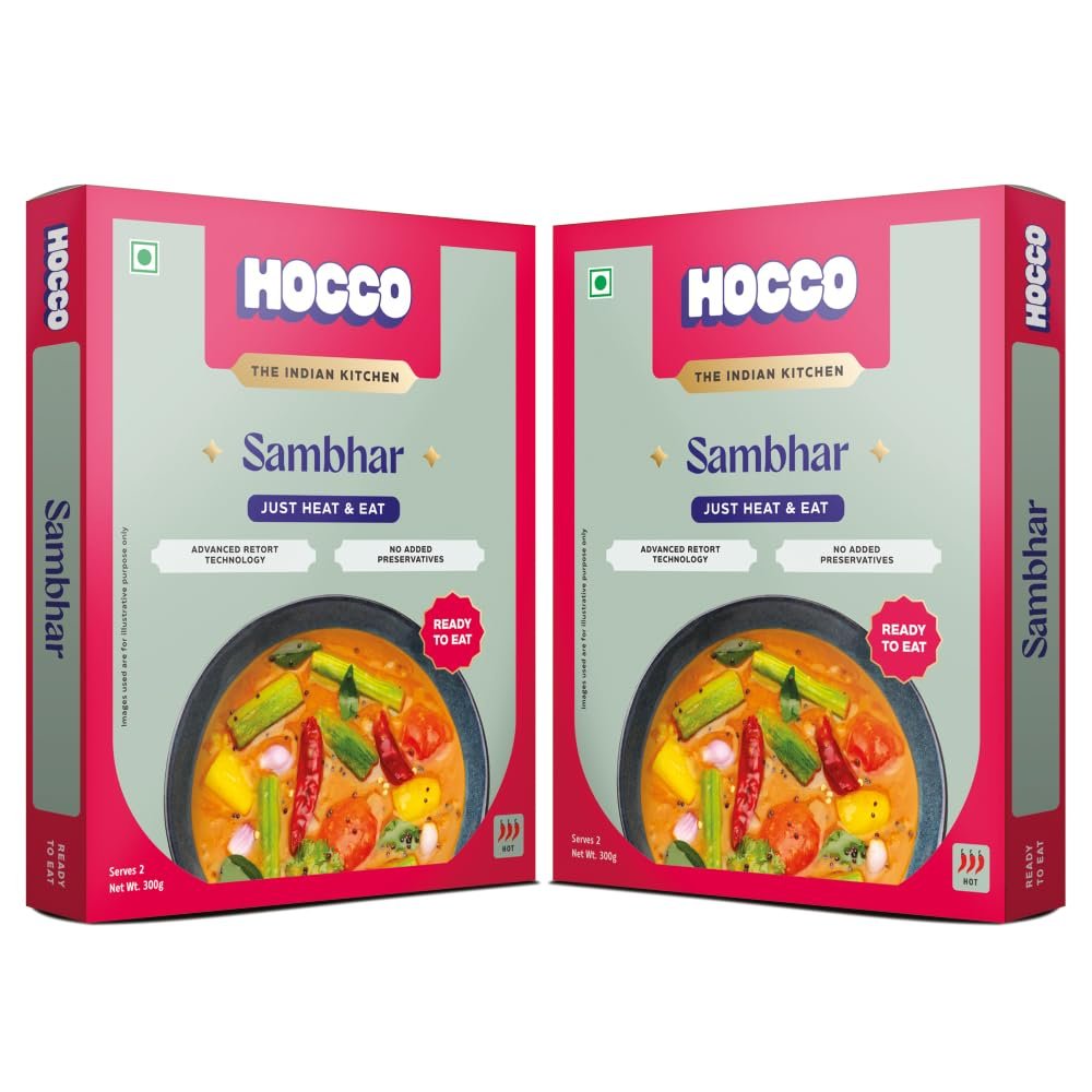 Hocco Authentic Sambhar Ready To Eat | Just Heat And Eat | South Indian Food | No Added Preservative & Colours | Meal Ready In 5 Minutes Microwave-Able_Serves 2 (300gm) (Pack Of 2)