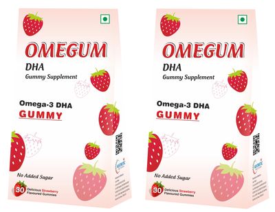 Aesthetic Omegum Omega-3 Dha - 50mg Gummies For Kids, Men & Women | Improve Heart Health | No Added Sugar | Strawberry Flavour | Pack of 2