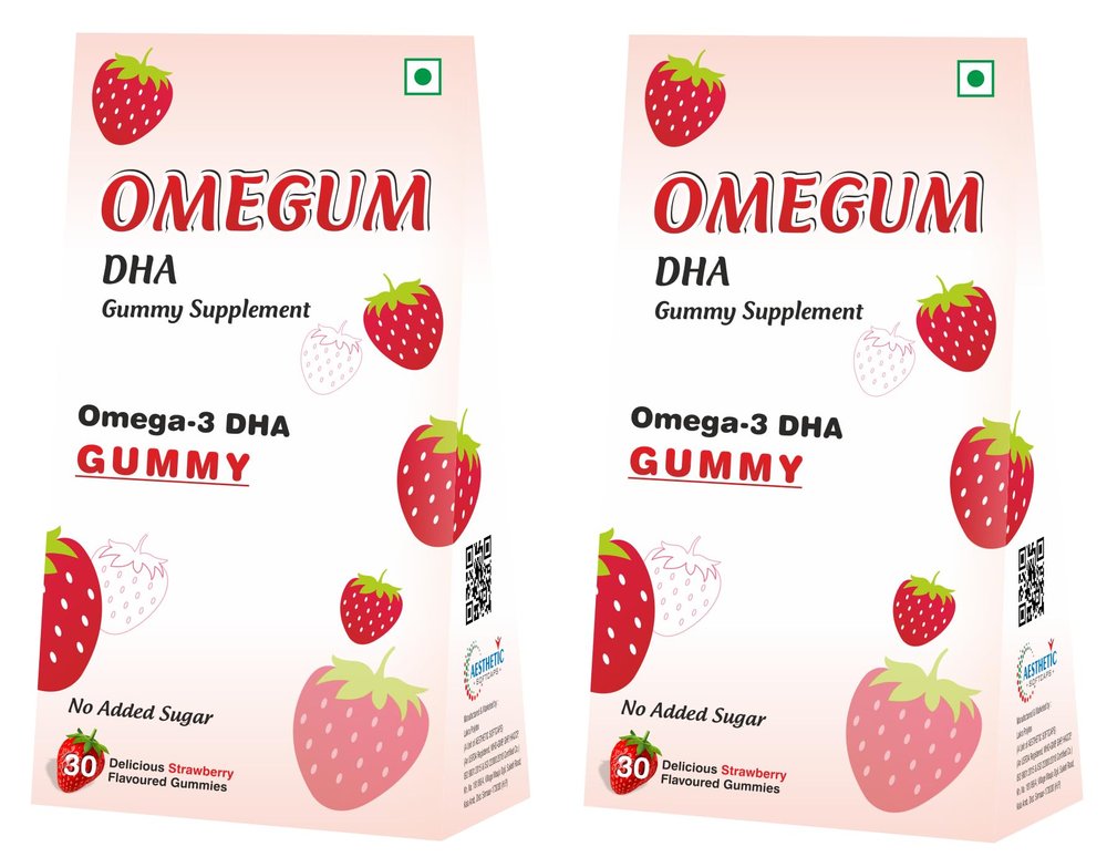 Aesthetic Omegum Omega-3 Dha - 50mg Gummies For Kids, Men & Women | Improve Heart Health | No Added Sugar | Strawberry Flavour | Pack of 2