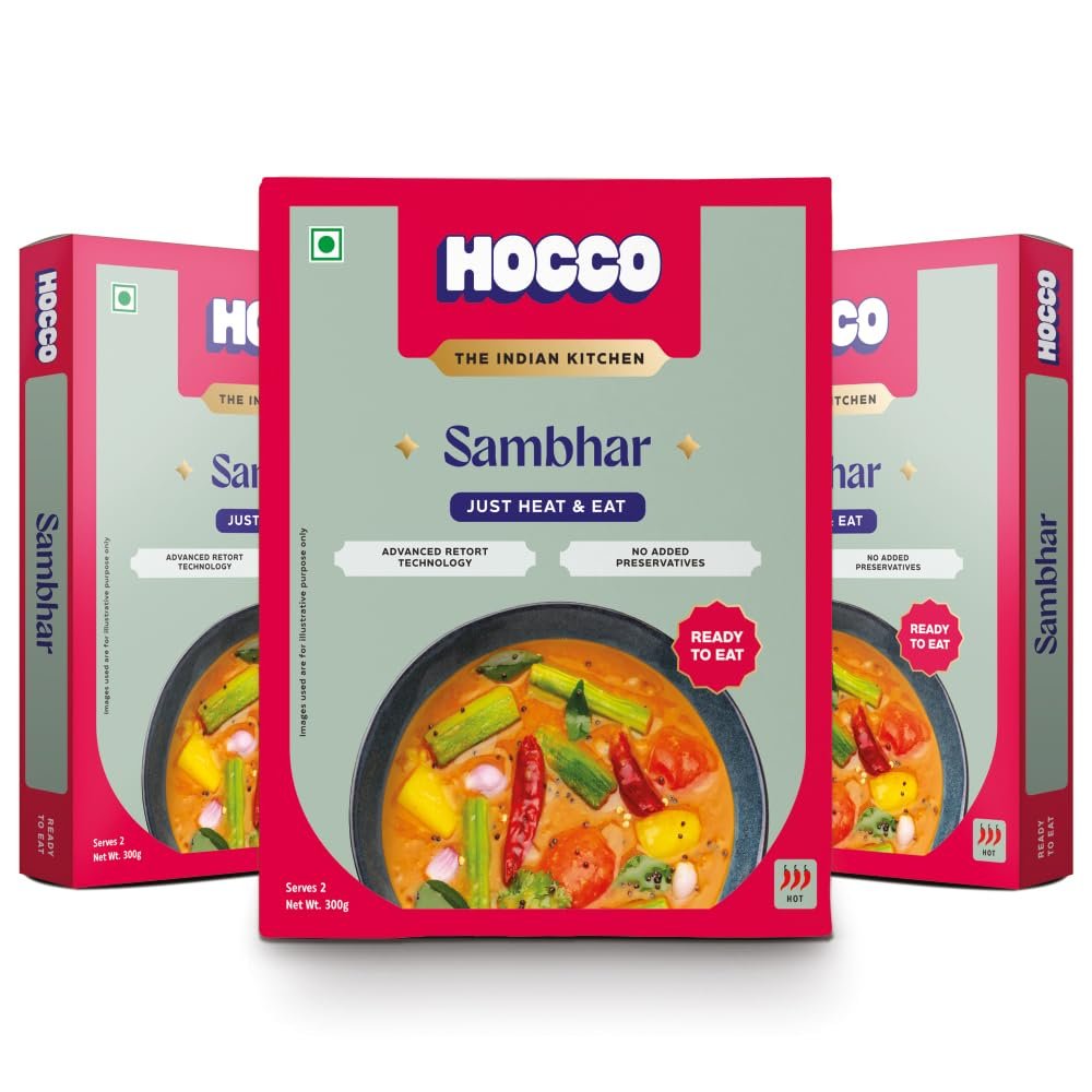 HOCCO Authentic Sambhar Ready To Eat | Just Heat And Eat | South Indian Food | No Added Preservative& Colours | Meal Ready In 5 Minutes Microwave-Able_Serves 2 (300gm) (Pack of 3)
