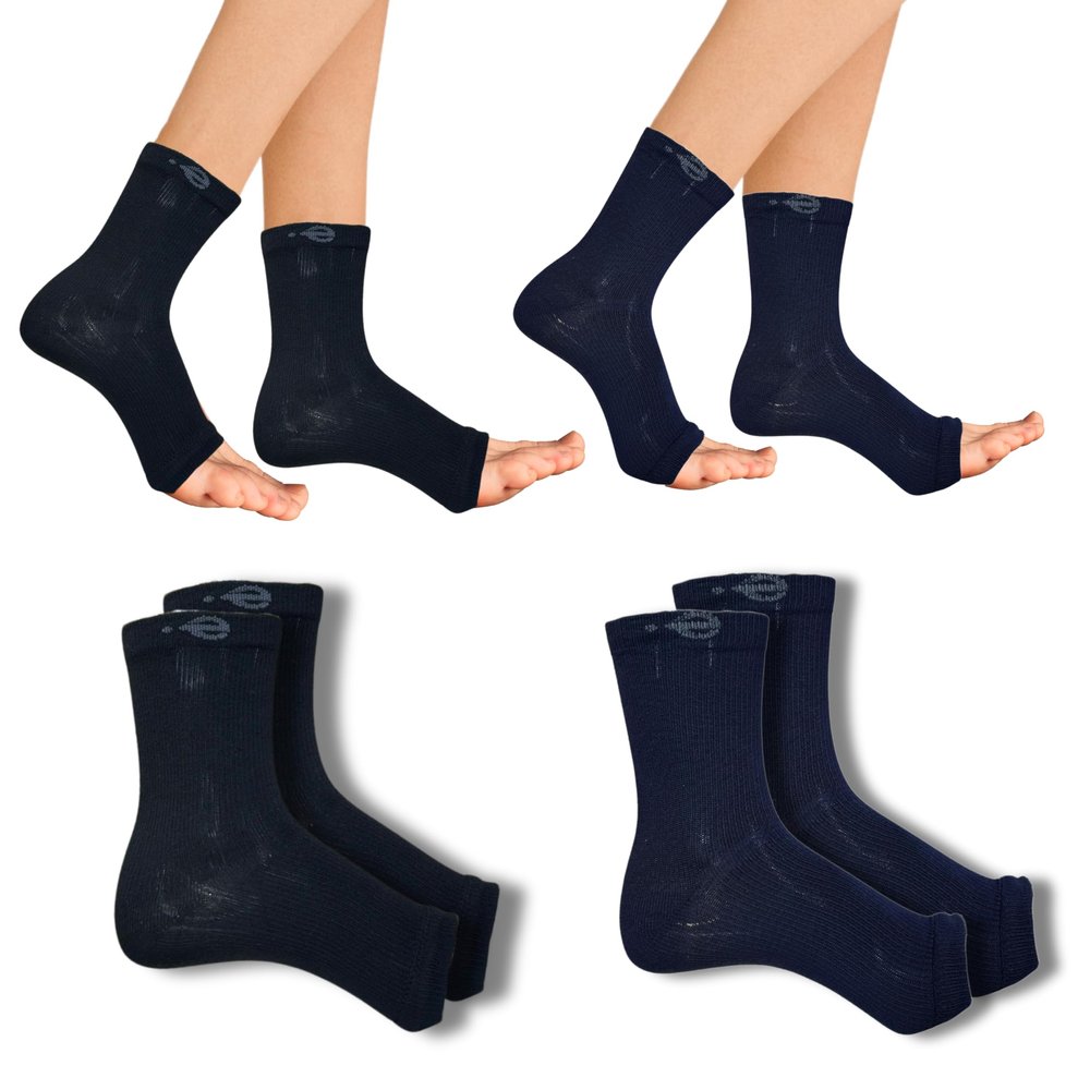 Compression Socks | Bamboo Cotton | Open Toe| Women & Men | Nano Compression Socks for Neuropathy | Arch Support | Ankle & Foot Swelling | Black, Navy Blue | Pack of 2
