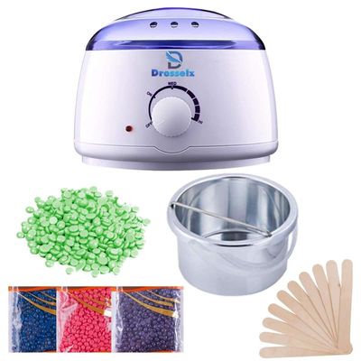 Drosselz Professional Electric Hot Wax Heater Machine With Wax Beans(100 Grams) and 15 Pcs Wooden Strips for Hair Remove Wax From Body Waxing Kit for Women (White) Hair Removal machine Kit