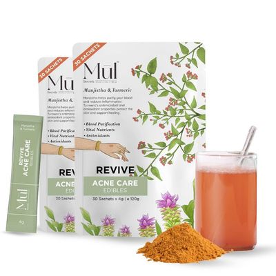 Mul Secrets Revive Acne Care Supplement - Triphala, Shatavari, Manjistha, Ashwagandha-Ayurvedic & Organic-Controls Acne & Excess Sebum Production, Detoxify blood, For Women & Men - 240 gm - 60 Sachets