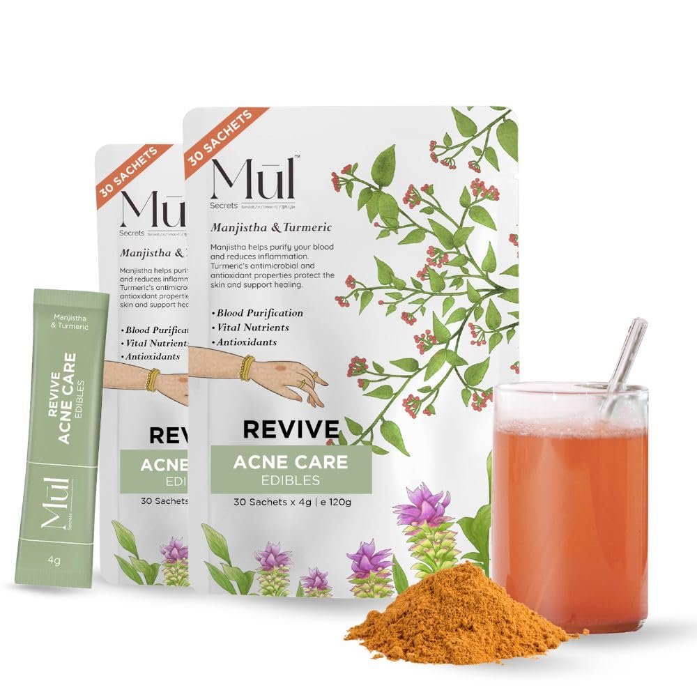 Mul Secrets Revive Acne Care Supplement - Triphala, Shatavari, Manjistha, Ashwagandha-Ayurvedic & Organic-Controls Acne & Excess Sebum Production, Detoxify blood, For Women & Men - 240 gm - 60 Sachets
