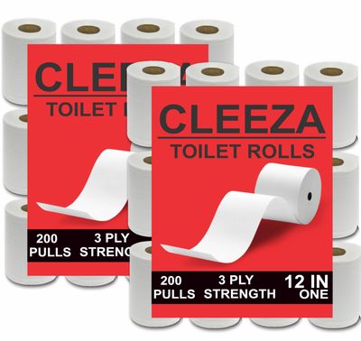 CLEEZA Disposable Toilet Paper Roll 3 Ply Pack of 24 (200 Pulls Each) 4800 Sheets Paper (Toilet Paper/Toilet Roll/Tissue Roll) - 9.8 x 13.5 cm Pack of 24 Toilet Tissue Paper Rolls (24x 200) (4800)