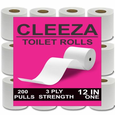 CLEEZA Premium Toilet Paper Roll 3 Ply Pack of 12 (200 Pulls Each) 2400 Sheets Paper (Toilet Paper/Toilet Roll/Tissue Roll) - 9.8 x 13.5 cm Pack of 12 Toilet Tissue Paper Rolls (12x 200) Pulls (2400)