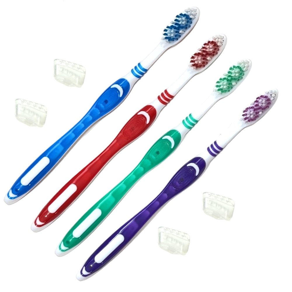 ALAZCO 4pc Adult Medium Bristles Toothbrush with Caps Comfort Hold Deep Clean Cheek & Tongue Cleaner Round Circular with Caps Travel TSA Approved Cyclone Style