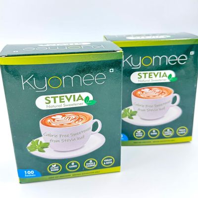 Kyomee Stevia (100 Sachets X 2) - Sugar Free Powder, Zero Calorie Sweetener For Healthy Life, Lactose Free, Tastes Like Sugar, Ideal for Daily Beverages, Cooking, and Baking