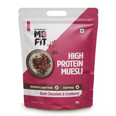 MuscleBlaze Fit High Protein Muesli (2kg, Dark Chocolate & Cranberry) | 22g Protein | With Raisins, Almonds & Super Seeds, High Protein Breakfast Cereals