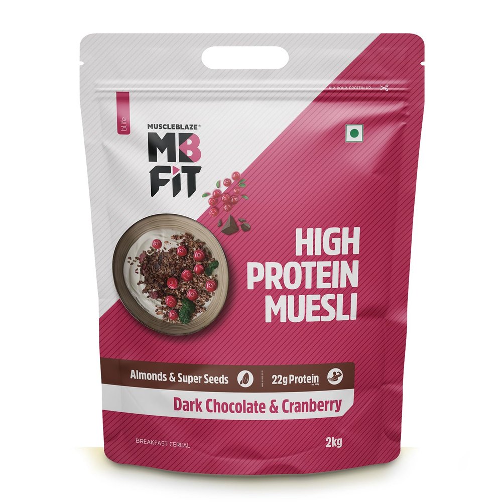 MuscleBlaze Fit High Protein Muesli (2kg, Dark Chocolate & Cranberry) | 22g Protein | With Raisins, Almonds & Super Seeds, High Protein Breakfast Cereals
