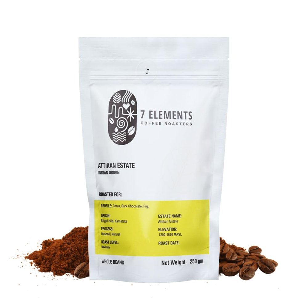 7 Elements Coffee Roasters Attikan Estate Roasted Whole Bean Coffee - 250 g (Pack of 1) | Medium Roast | Pure Arabica Coffee Beans | Fresh Single Origin | AA Grade | Rich Flavorful Coffee