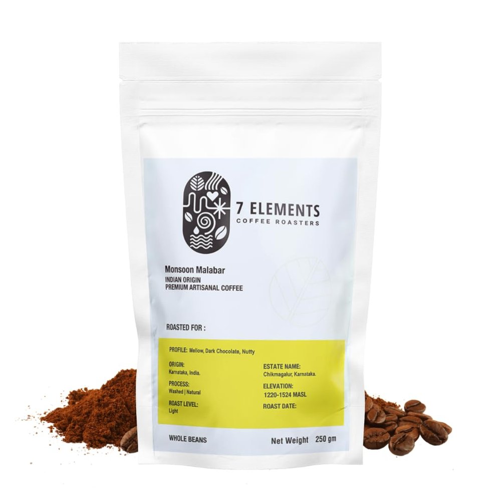 7 Elements Coffee Roasters Monsoon Malabar AA Grade, Light Roast, Whole Bean Coffee, 250g  Pure Arabica, Single Origin, Rich & Flavorful  Freshly Roasted