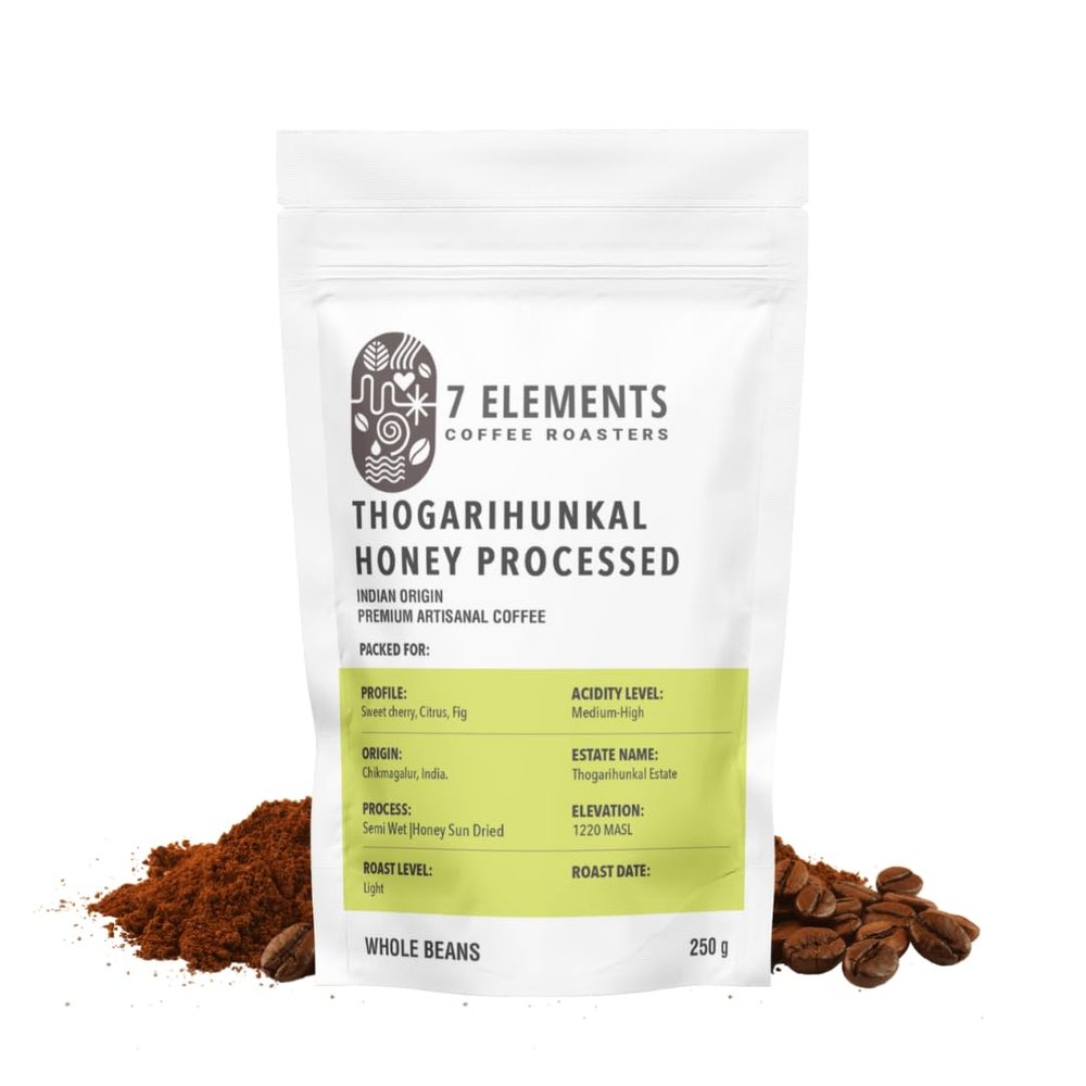 7 Elements Coffee Roasters Thogarihunkal Honey Processed Roasted Whole Bean Coffee - 250 g (Pack of 1) | Light Roast | Premium 100% Arabica 'AA' Grade Coffee Beans | Single Origin Flavorful Coffee