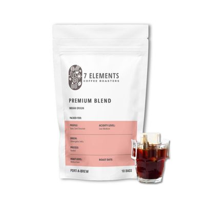 7 Elements Coffee Roasters Premium Blend Port-A-Brew Pour Over Coffee Drip Bags - Pack Of 10 Sachets | Medium-Dark Roast | 100% Arabica & Robusta Freshly Roasted Ground Coffee Bag | Flavorful Coffee