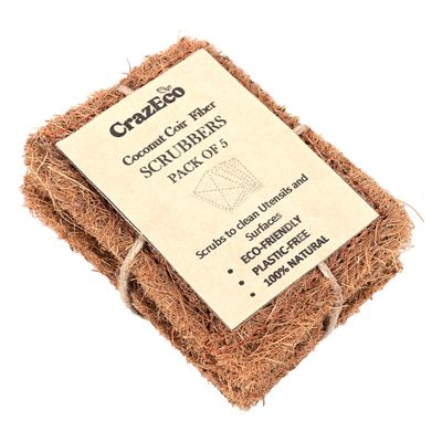 Coconut Coir Scrub Pads, Set of 5, 10 cm x 15 cm, Natural, Plastic-Free, Multi-Purpose, Scratch-Free, Long-Lasting, Stitched, for Dishwashing and Cleaning.