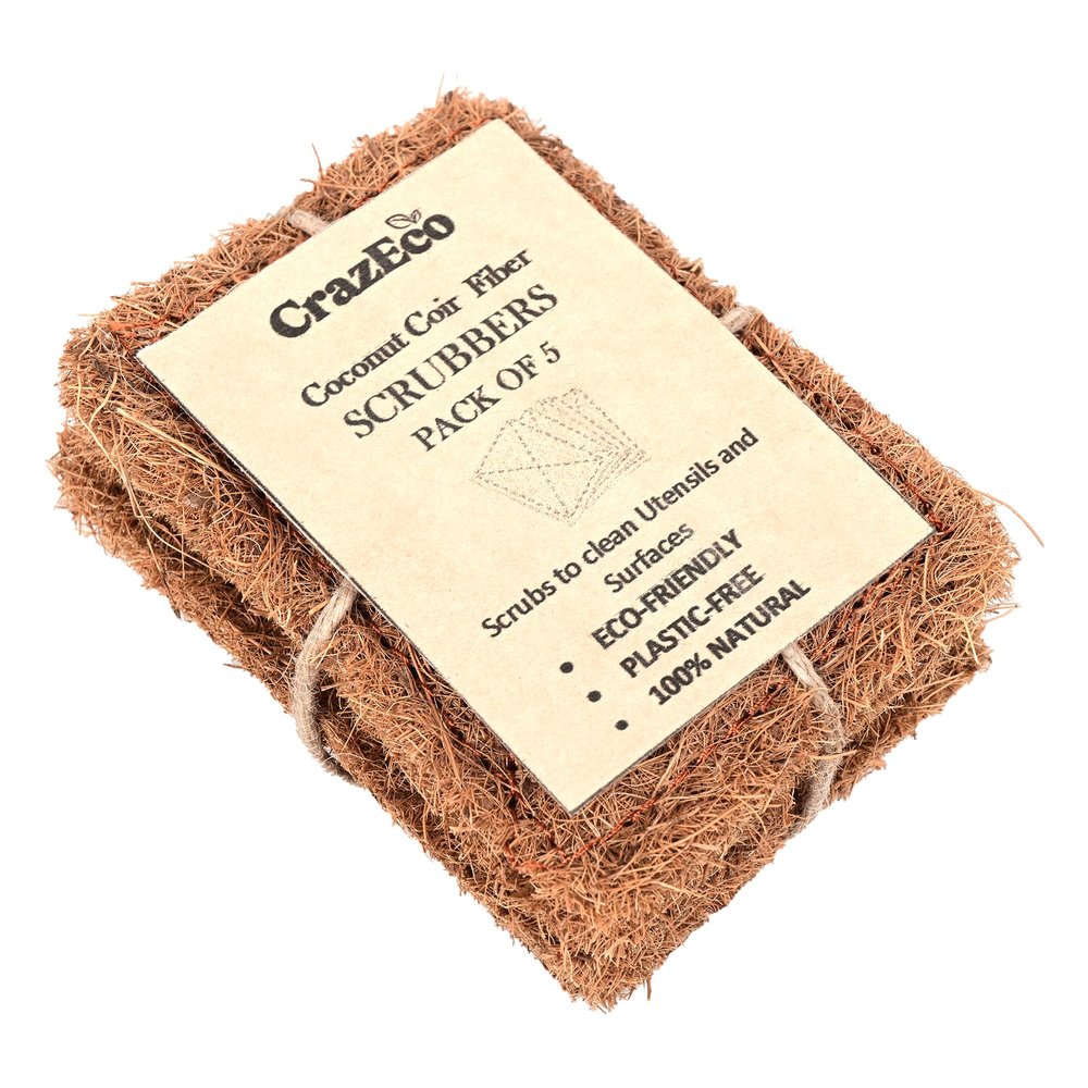 Coconut Coir Scrub Pads, Set of 5, 10 cm x 15 cm, Natural, Plastic-Free, Multi-Purpose, Scratch-Free, Long-Lasting, Stitched, for Dishwashing and Cleaning.