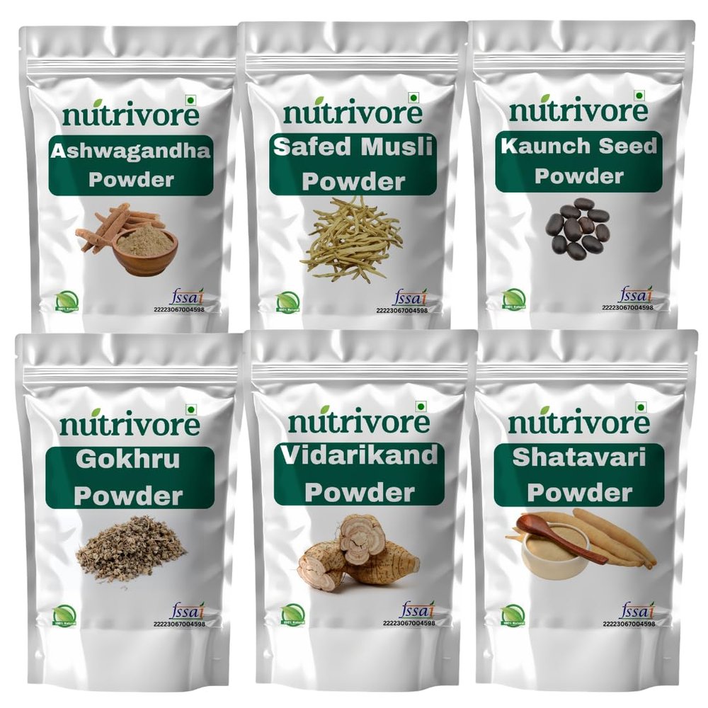 Nutrivore Ashwagandha, Safed Musli, Shatavari, Vidarikand, Kaunch Beej, Gokhru Ayurvedic Herbal Powder Combo Pack, 50g Each, Set of 6
