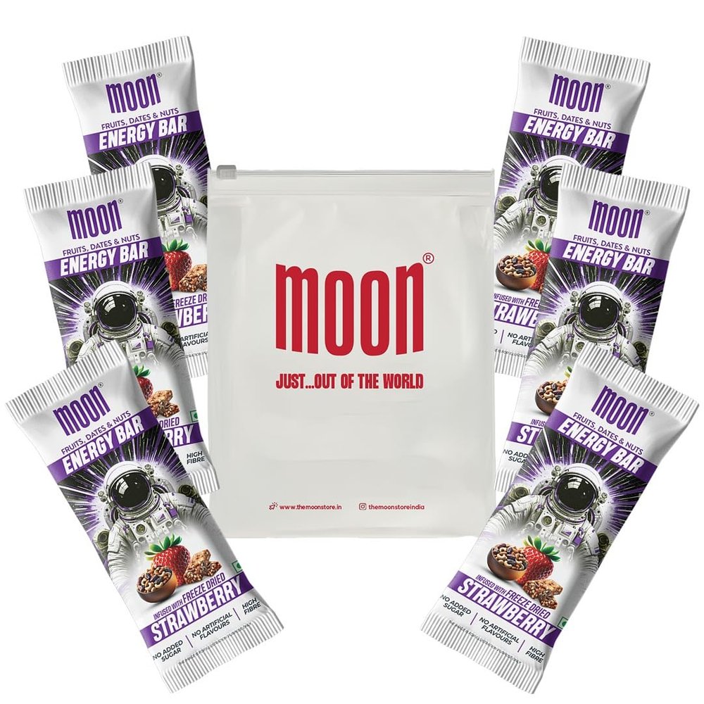 Moon Energy Bar Strawberry | 270g Pack (45g x 6 Bars) | High Fibre | Freeze-Dried Fruits | Dates & Nuts | Nutritious | Fruit Bar Snack