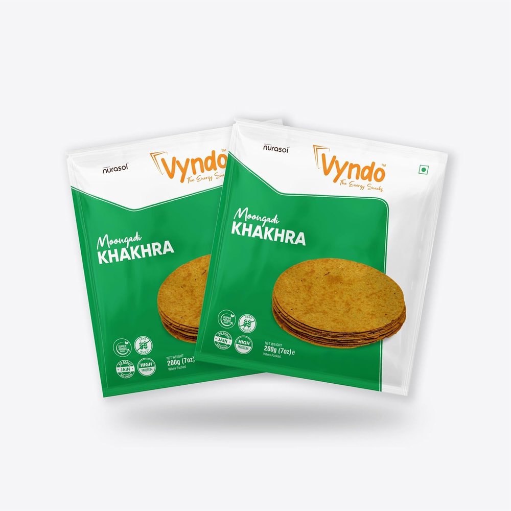 Vyndo Moongadi Khakhra Pack of 2 (200gm each), Dry & Gujarati Snacks Made with Millets, High in Protein and Fiber, Gluten Free and Healthy Snack For Kids & Adults with No Palm Oil