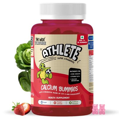 Athlete 0 Sugar Calcium + Vitamin D Gummies | Added Prebiotics | 5-15 Years | Bone Strength, Growth & Teeth Health | Super Strawberry Flavor | 30 Gummies | The Wise Tortoise TWT