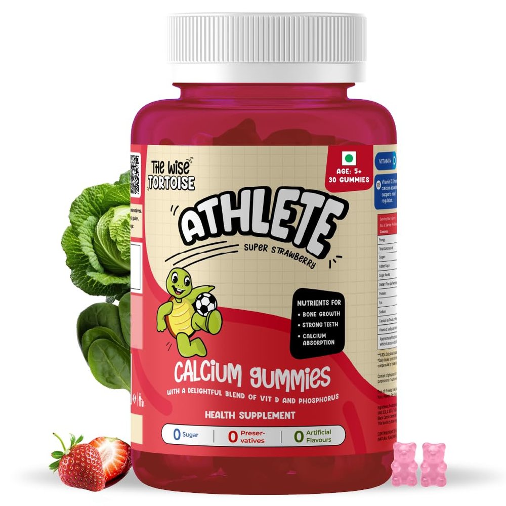 Athlete 0 Sugar Calcium + Vitamin D Gummies | Added Prebiotics | 5-15 Years | Bone Strength, Growth & Teeth Health | Super Strawberry Flavor | 30 Gummies | The Wise Tortoise TWT